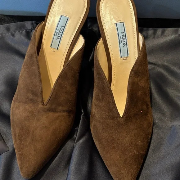 Prada Women's Dark Brown Suede Mules - Picture 2 of 7